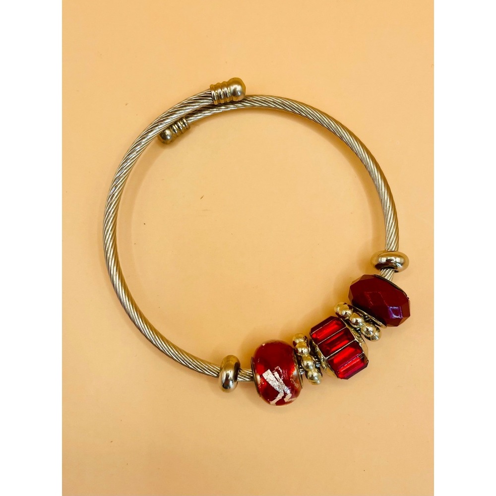 Silver Tone Twisted Cable Wire Bypass Bangle Bracelet with Red Glass Charms - Picture 3 of 6